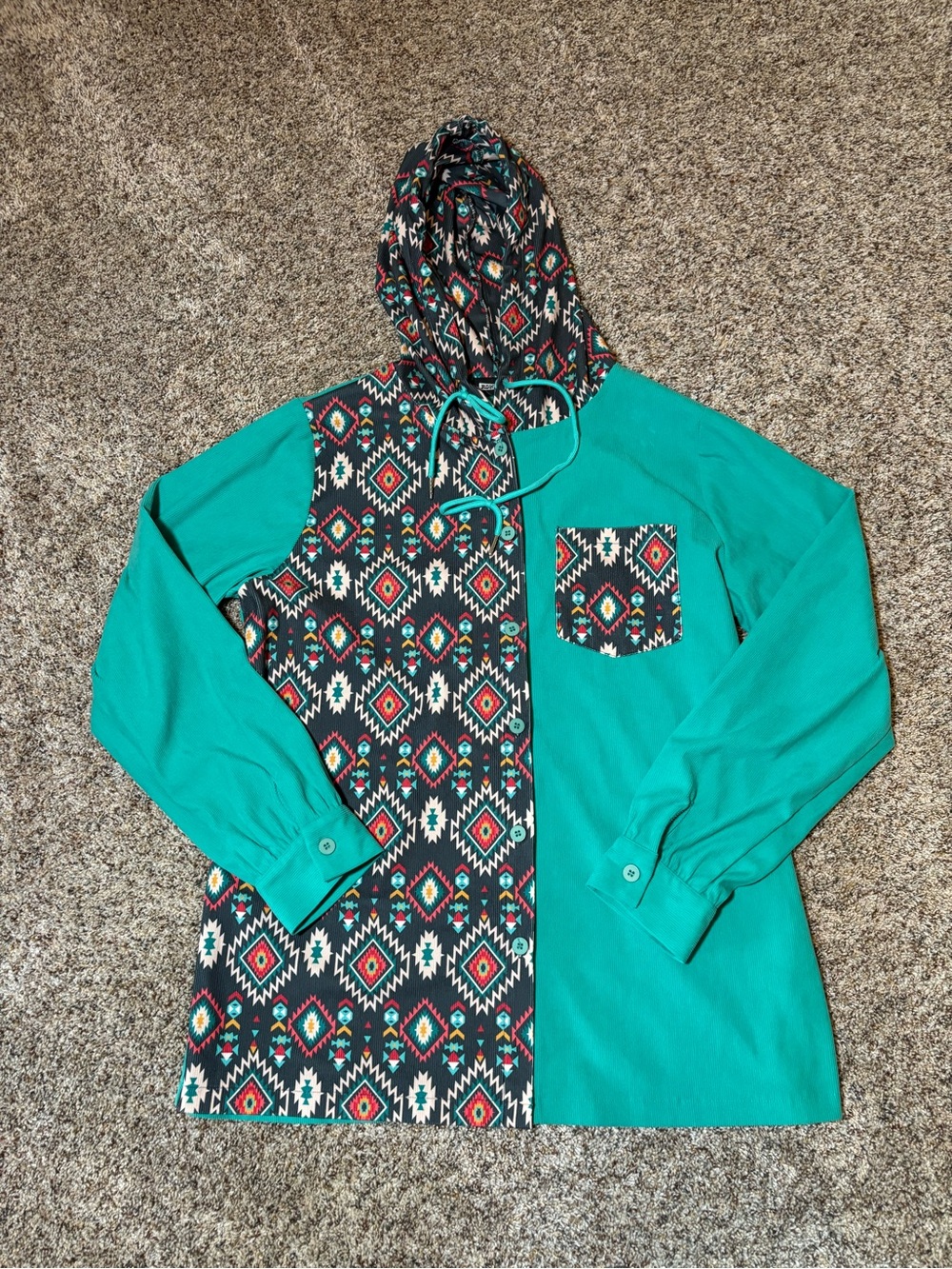 263. Rowdy Crowd Aztec Print Hoodie - Black with Teal/Red Accents, Size L, NWOT